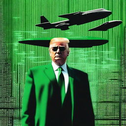 A high-quality, digital art image of Donald Trump in the style of an NFT, incorporating elements from The Matrix and a B52 plane theme