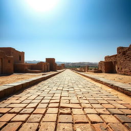 An evocative scene showcasing the remains of the ancient streets of Mohenjo-Daro, one of the largest cities of the Indus Valley Civilization