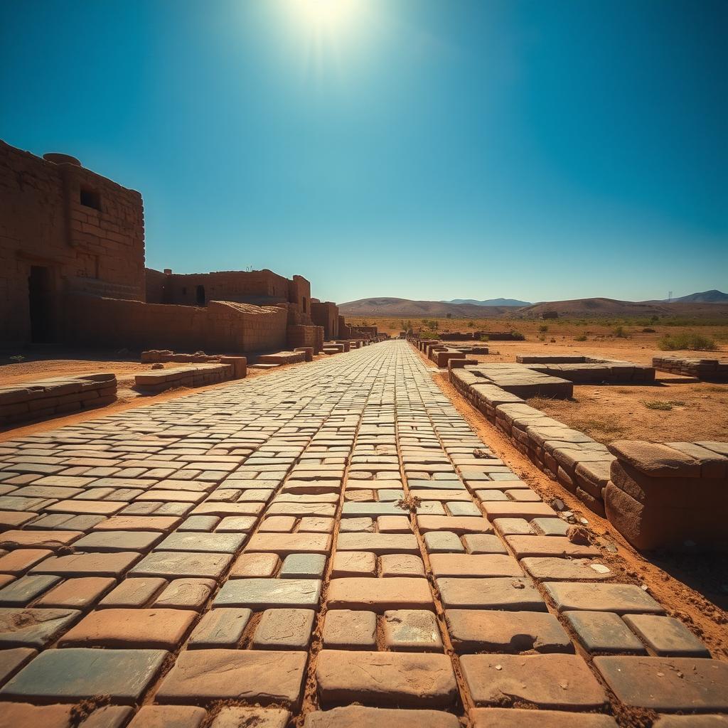 An evocative scene showcasing the remains of the ancient streets of Mohenjo-Daro, one of the largest cities of the Indus Valley Civilization