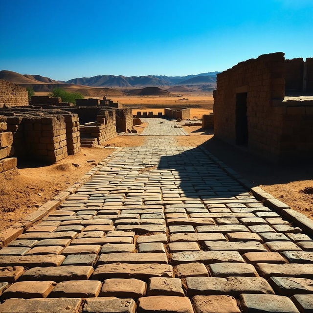 An evocative scene showcasing the remains of the ancient streets of Mohenjo-Daro, one of the largest cities of the Indus Valley Civilization