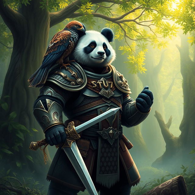 A fierce warrior panda clad in intricate armor, symbolizing strength and bravery, standing tall and proud