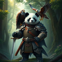 A fierce warrior panda clad in intricate armor, symbolizing strength and bravery, standing tall and proud