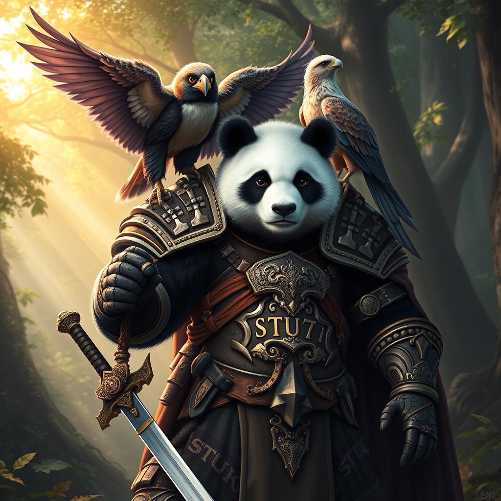 A fierce warrior panda clad in intricate armor, symbolizing strength and bravery, standing tall and proud