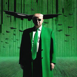 A high-quality, digital art image of Donald Trump in the style of an NFT, incorporating elements from The Matrix and a B52 plane theme