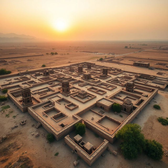 An expansive aerial view of the ruins of Harappa, showcasing the remnants of one of the key cities of the Indus Valley Civilization