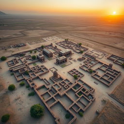 An expansive aerial view of the ruins of Harappa, showcasing the remnants of one of the key cities of the Indus Valley Civilization