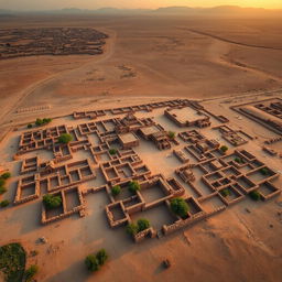 An expansive aerial view of the ruins of Harappa, showcasing the remnants of one of the key cities of the Indus Valley Civilization