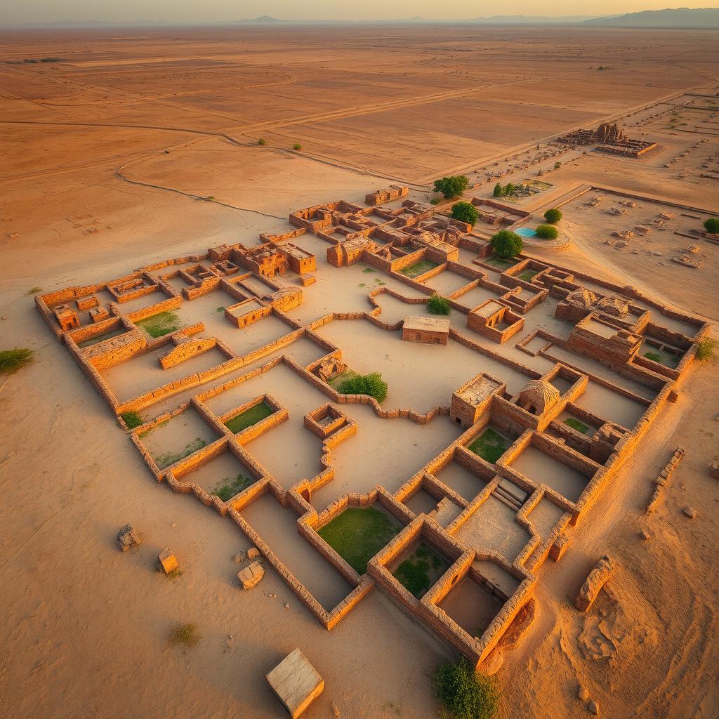 An expansive aerial view of the ruins of Harappa, showcasing the remnants of one of the key cities of the Indus Valley Civilization