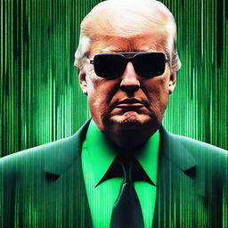 A superior quality, digital art image of Donald Trump in the style of an NFT, combining elements from The Matrix and a plane theme