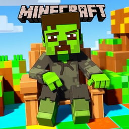 A pixelated Minecraft zombie character sitting on a chair, surrounded by a blocky environment that resembles the game’s unique aesthetic