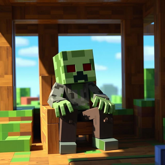 A pixelated Minecraft zombie character sitting on a chair, surrounded by a blocky environment that resembles the game’s unique aesthetic