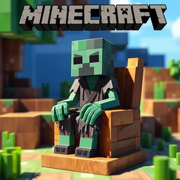A pixelated Minecraft zombie character sitting on a chair, surrounded by a blocky environment that resembles the game’s unique aesthetic