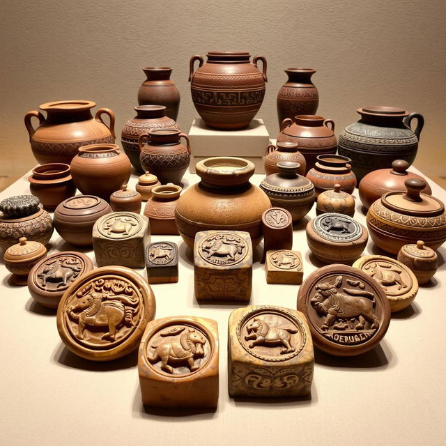 A beautifully arranged display of ancient artifacts, featuring a collection of seals and pottery from the Indus Valley Civilization