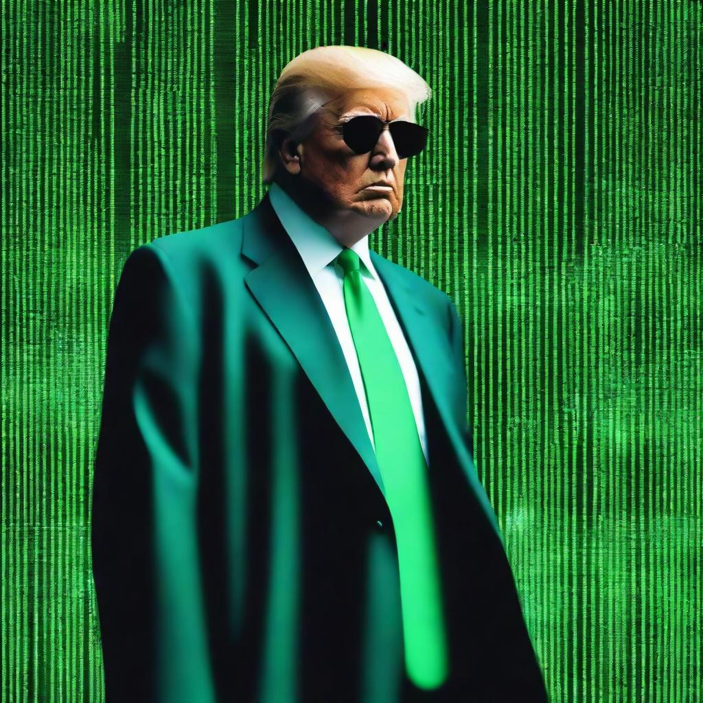 A superior quality, digital art image of Donald Trump in the style of an NFT, combining elements from The Matrix and a plane theme