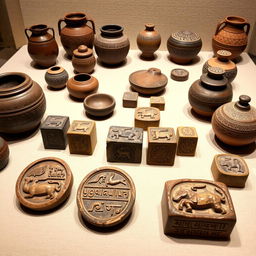 A beautifully arranged display of ancient artifacts, featuring a collection of seals and pottery from the Indus Valley Civilization