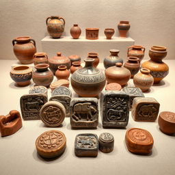 A beautifully arranged display of ancient artifacts, featuring a collection of seals and pottery from the Indus Valley Civilization
