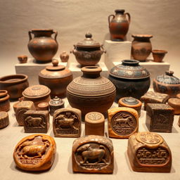 A beautifully arranged display of ancient artifacts, featuring a collection of seals and pottery from the Indus Valley Civilization
