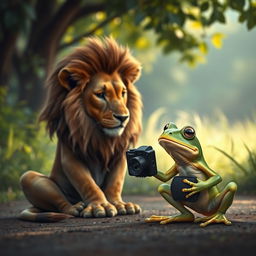 A sad lion sitting alone in a serene outdoor setting, looking reflective and melancholy