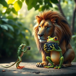A sad lion sitting alone in a serene outdoor setting, looking reflective and melancholy