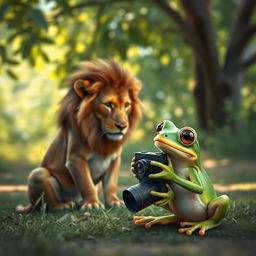 A sad lion sitting alone in a serene outdoor setting, looking reflective and melancholy
