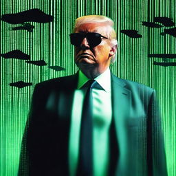 A superior quality, digital art image of Donald Trump in the style of an NFT, combining elements from The Matrix and a plane theme