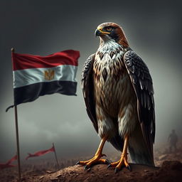 A powerful warrior falcon standing resolutely, with a fierce expression and sharp talons