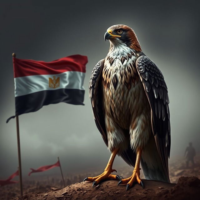 A powerful warrior falcon standing resolutely, with a fierce expression and sharp talons