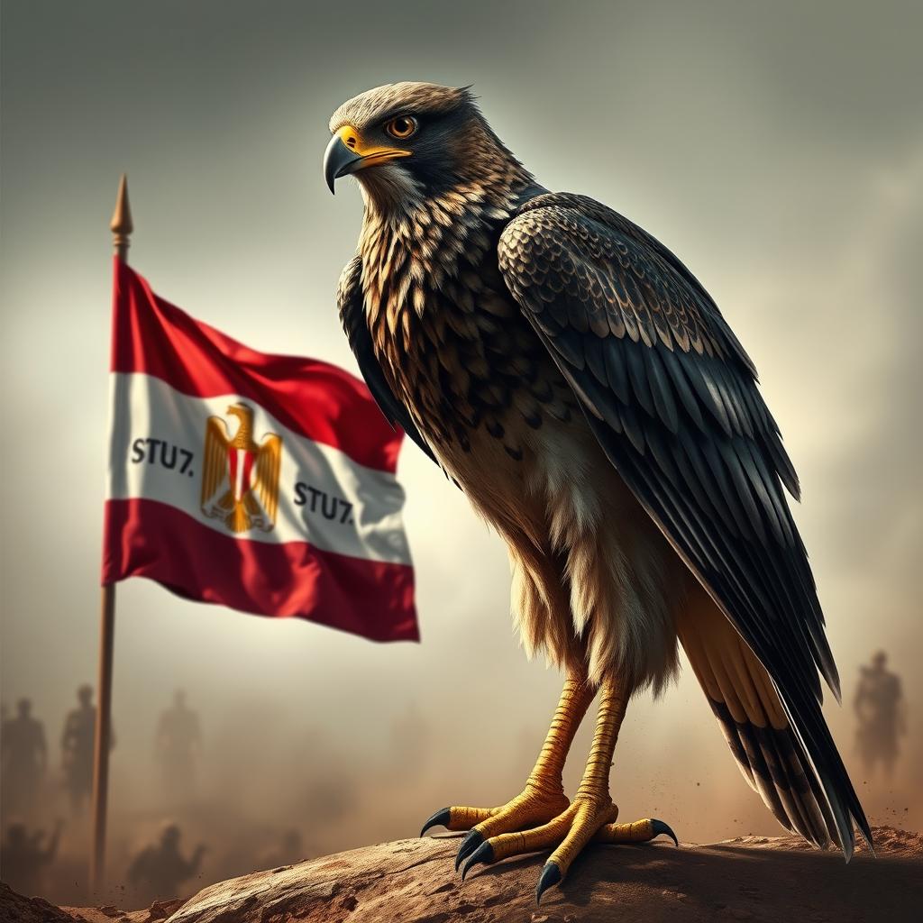 A powerful warrior falcon standing resolutely, with a fierce expression and sharp talons