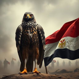 A powerful warrior falcon standing resolutely, with a fierce expression and sharp talons