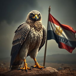 A powerful warrior falcon standing resolutely, with a fierce expression and sharp talons