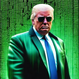 A superior quality, digital art image of Donald Trump in the style of an NFT, combining elements from The Matrix and a plane theme