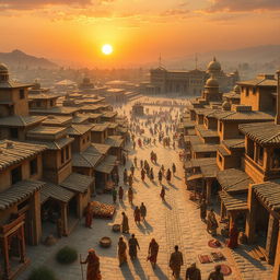 An imaginative artistic reconstruction of an Indus Valley Civilization city, depicting a vibrant scene bustling with life during its peak