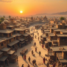 An imaginative artistic reconstruction of an Indus Valley Civilization city, depicting a vibrant scene bustling with life during its peak