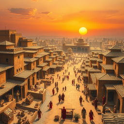 An imaginative artistic reconstruction of an Indus Valley Civilization city, depicting a vibrant scene bustling with life during its peak