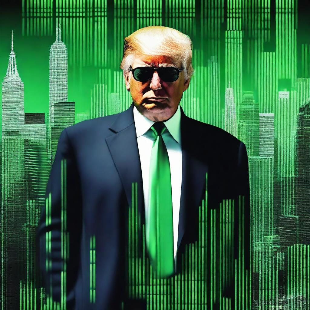 A superior quality, digital art image of Donald Trump in the style of an NFT, combining elements from The Matrix and a New York City theme