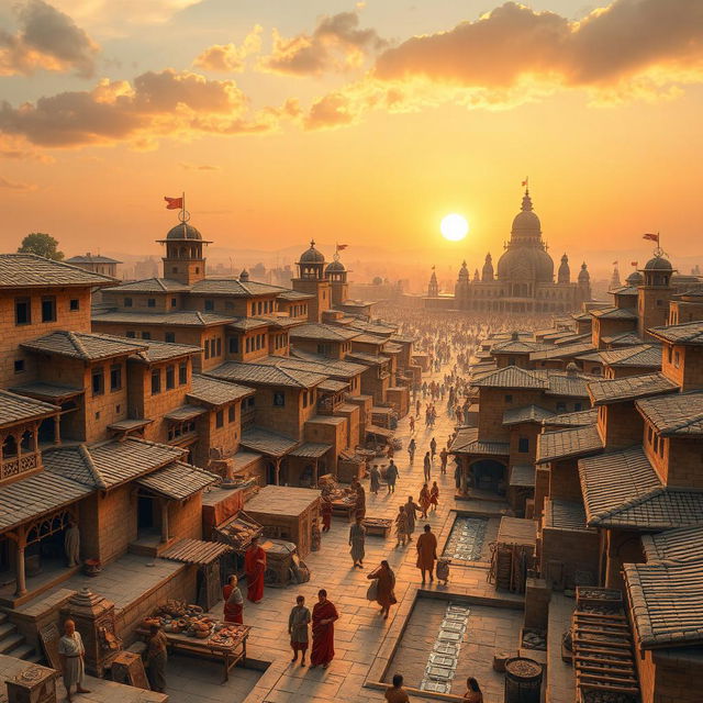 An imaginative artistic reconstruction of an Indus Valley Civilization city, depicting a vibrant scene bustling with life during its peak