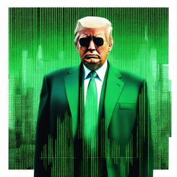 A superior quality, digital art image of Donald Trump in the style of an NFT, combining elements from The Matrix and a New York City theme