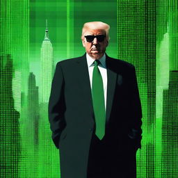 A superior quality, digital art image of Donald Trump in the style of an NFT, combining elements from The Matrix and a New York City theme