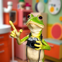 In a playful continuation of the previous scene, a frog with bright green skin is pointing with its index finger to the left while hanging a camera around its neck