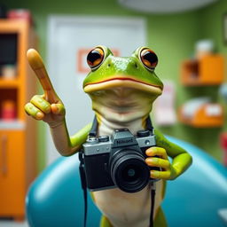 In a playful continuation of the previous scene, a frog with bright green skin is pointing with its index finger to the left while hanging a camera around its neck