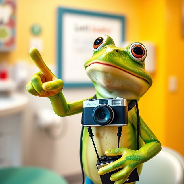 In a playful continuation of the previous scene, a frog with bright green skin is pointing with its index finger to the left while hanging a camera around its neck