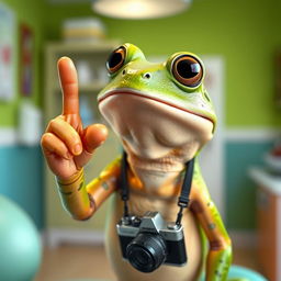 In a playful continuation of the previous scene, a frog with bright green skin is pointing with its index finger to the left while hanging a camera around its neck