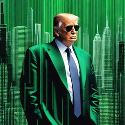 A superior quality, digital art image of Donald Trump in the style of an NFT, combining elements from The Matrix and a New York City theme