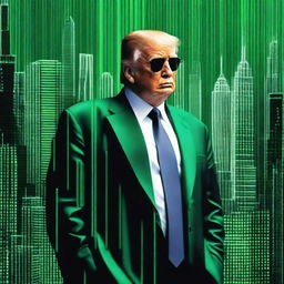 A superior quality, digital art image of Donald Trump in the style of an NFT, combining elements from The Matrix and a New York City theme