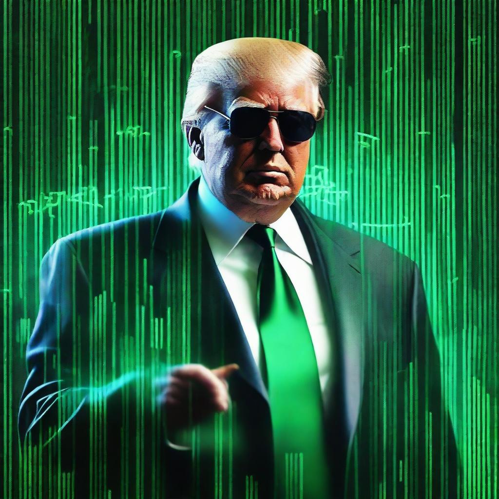 A top-quality, digital art image of Donald Trump in the style of an NFT, incorporating elements from The Matrix and a cigar theme