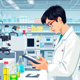 A detailed illustration of a modern clinical toxicology laboratory, with a focus on advanced analytical equipment and a scientist in a white lab coat conducting experiments