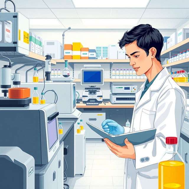 A detailed illustration of a modern clinical toxicology laboratory, with a focus on advanced analytical equipment and a scientist in a white lab coat conducting experiments