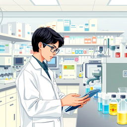 A detailed illustration of a modern clinical toxicology laboratory, with a focus on advanced analytical equipment and a scientist in a white lab coat conducting experiments