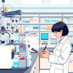 A detailed illustration of a modern clinical toxicology laboratory, with a focus on advanced analytical equipment and a scientist in a white lab coat conducting experiments