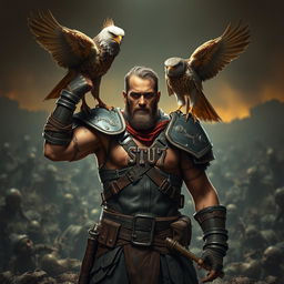 A victorious warrior standing in a zombie battlefield, exuding confidence and strength